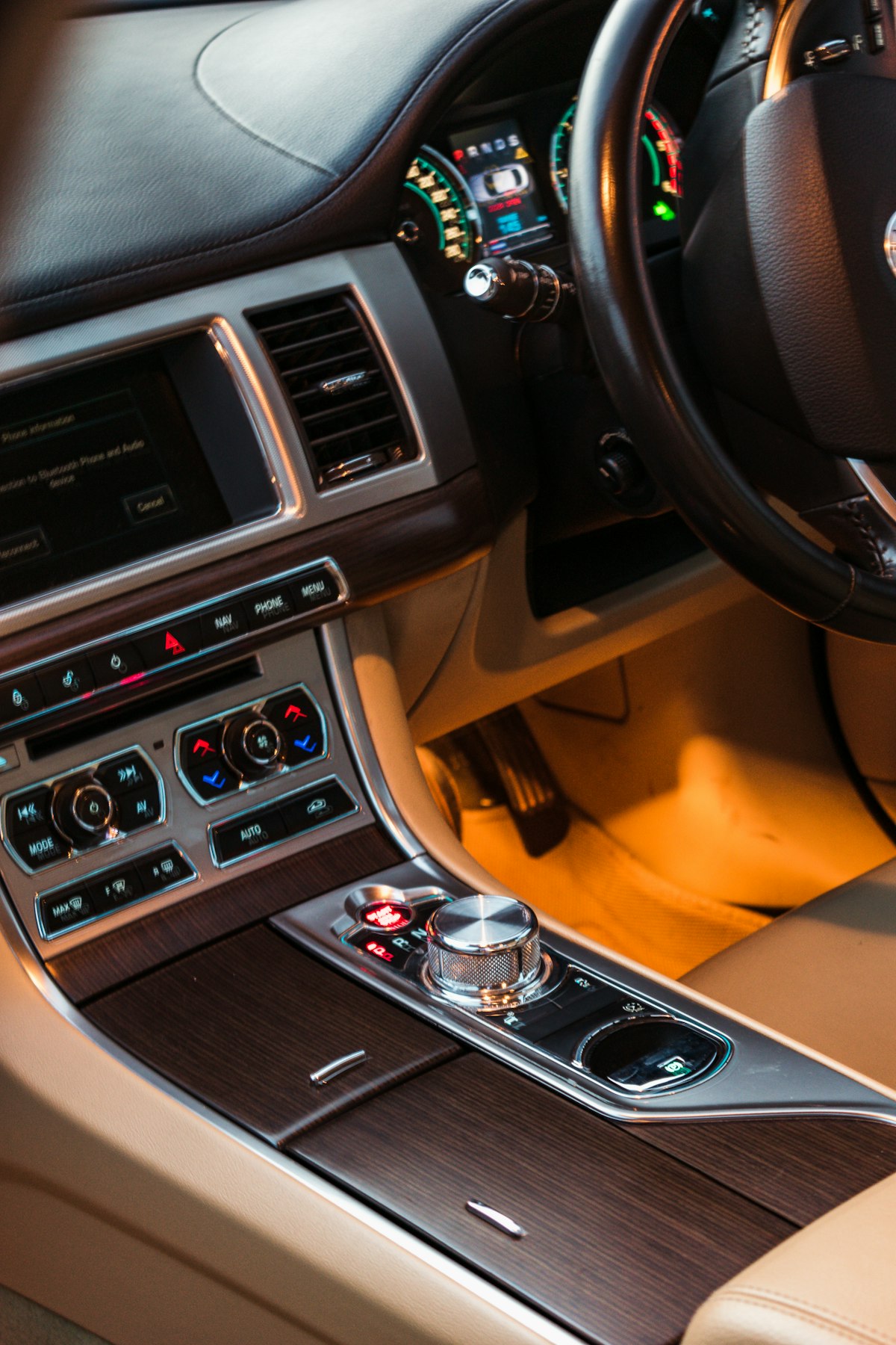 Car dashboard with phone mount and accessories