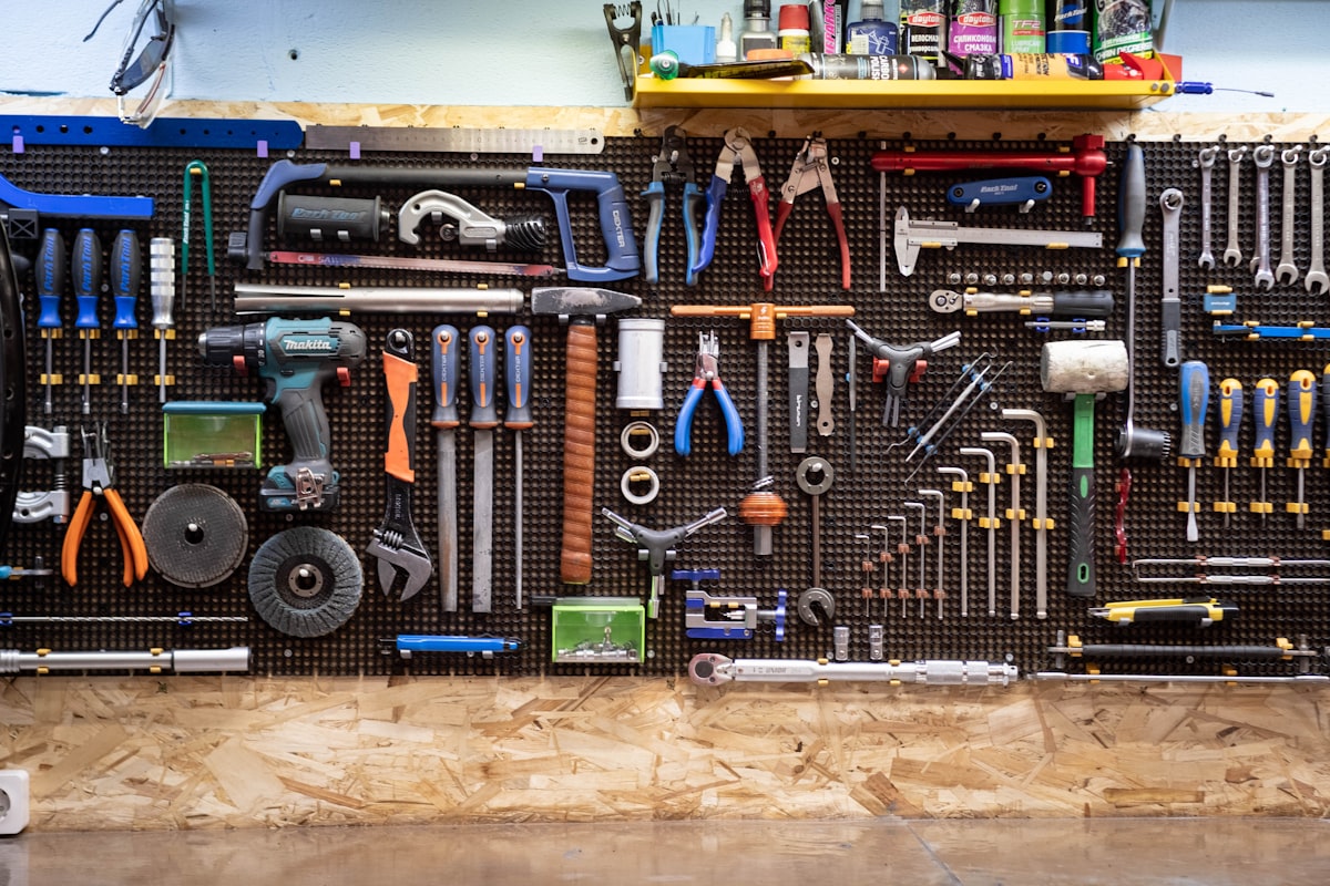 Home DIY tools laid out on a workbench